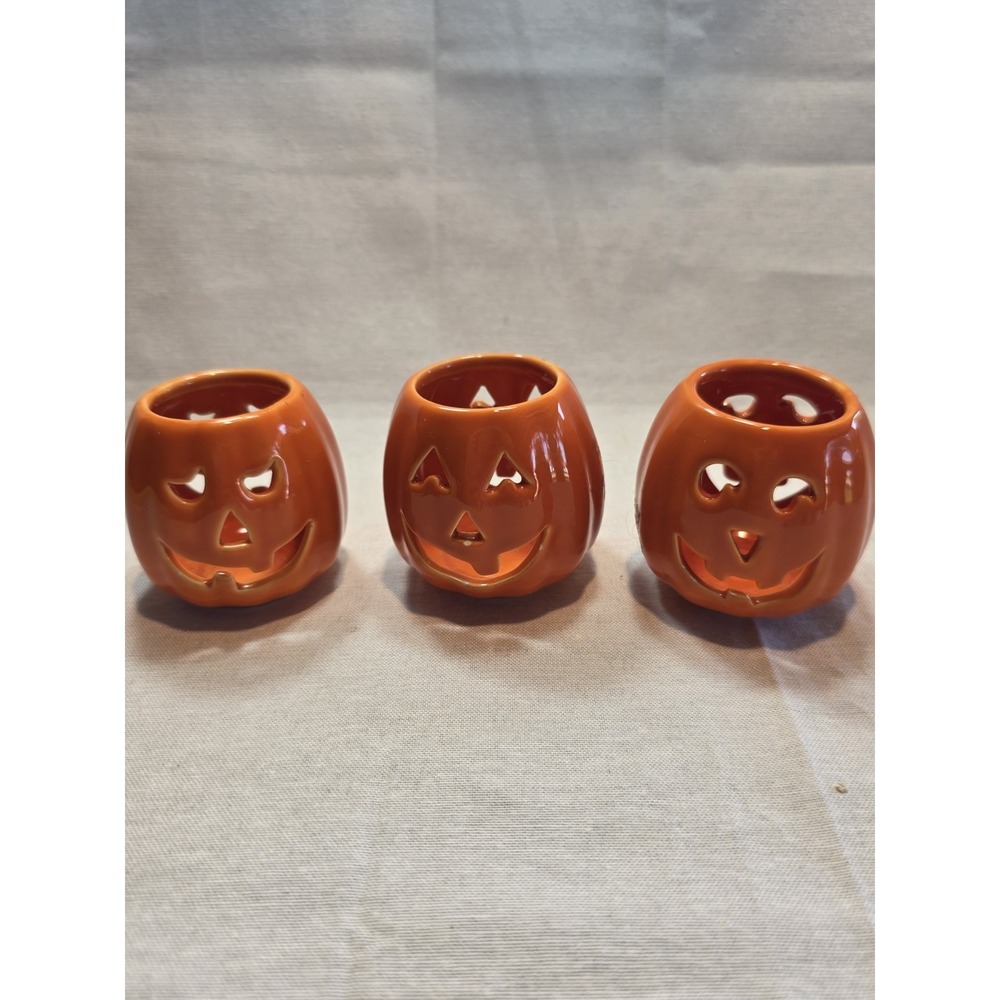 Set of 3  Ceramic Jack-O-Lantern Tealight Candle Holders Halloween Decor Pumpkin